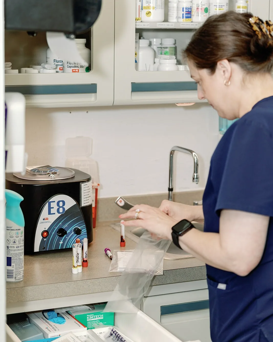 Labelled blood samples beside the centrifuge at the Noah's Ark in-house lab