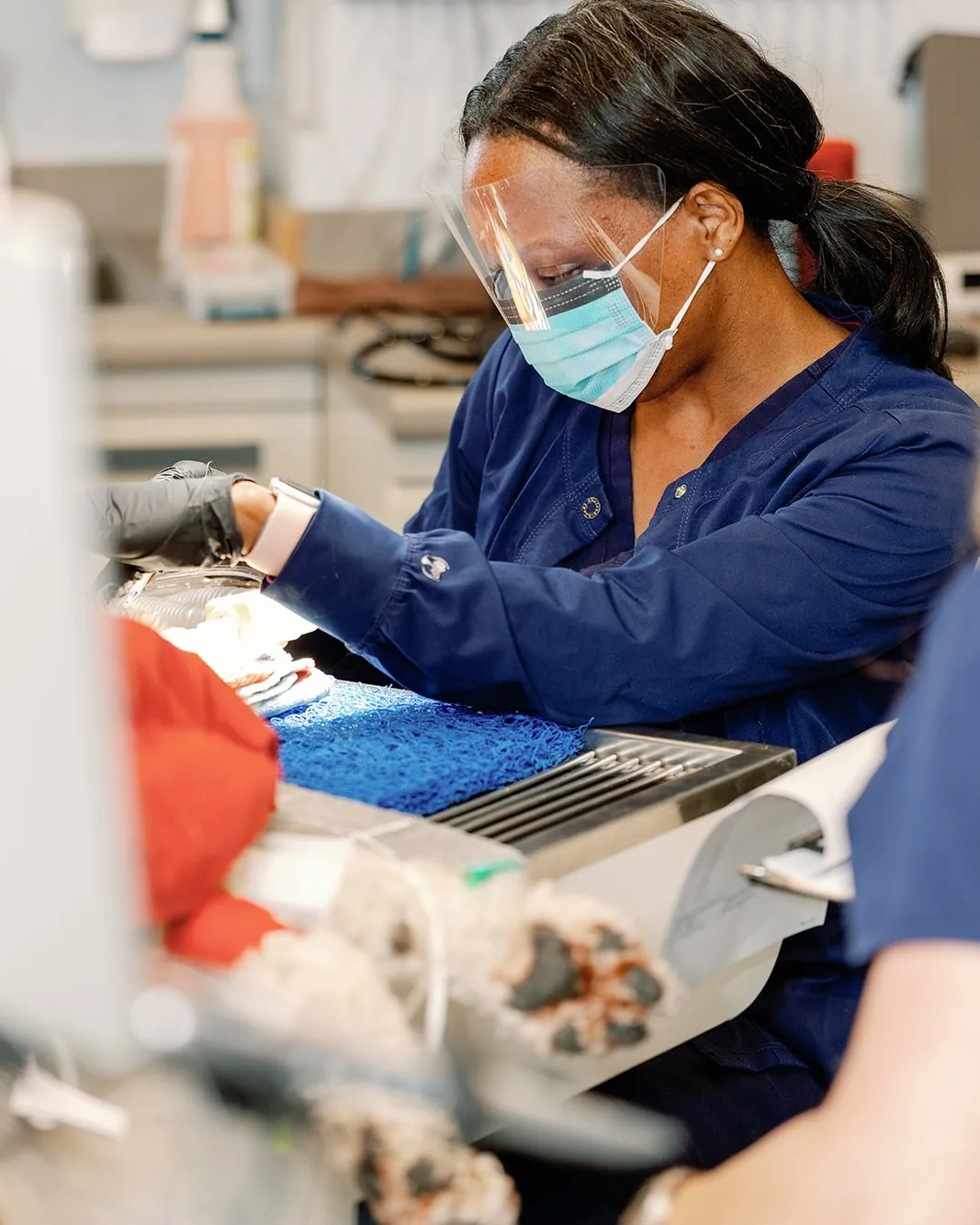 A technician in a face shield performing a dental cleaning