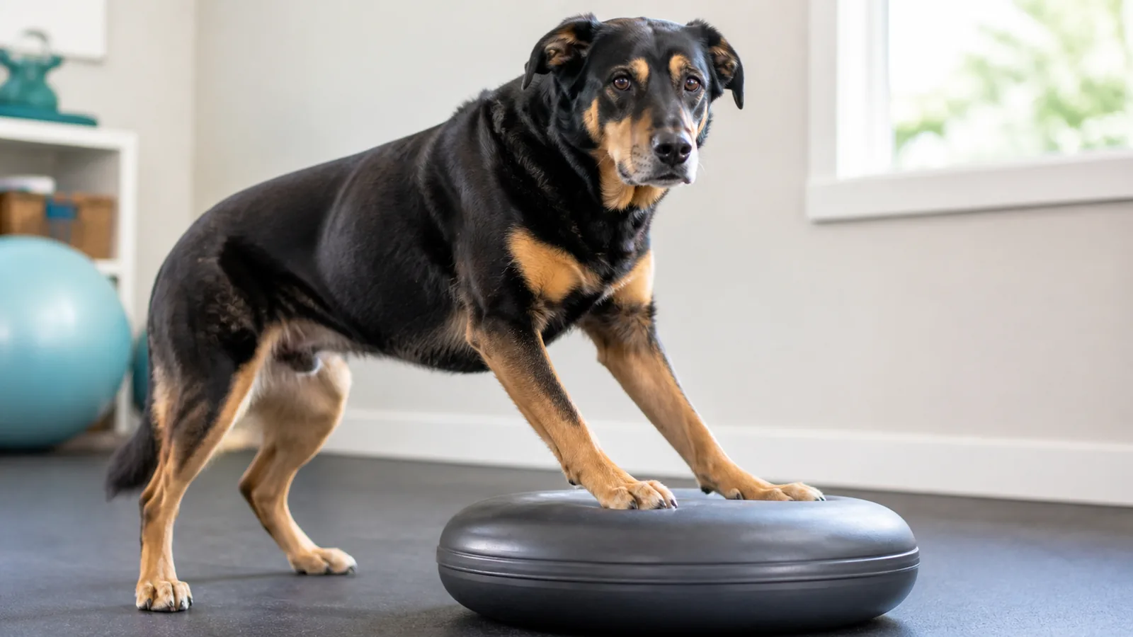 Large breed black and tan dog standing with his front legs on rehabilitation tool.