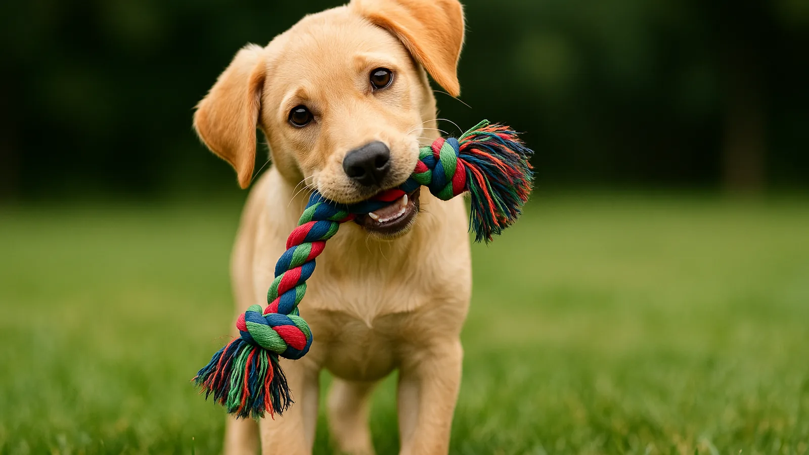 Yellow Labrador puppy carrying a rope toy across the grass.