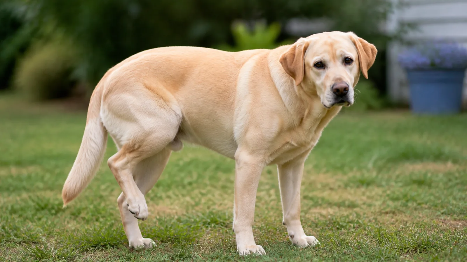 Yellow Labrador standing on grass holding up one hind leg.