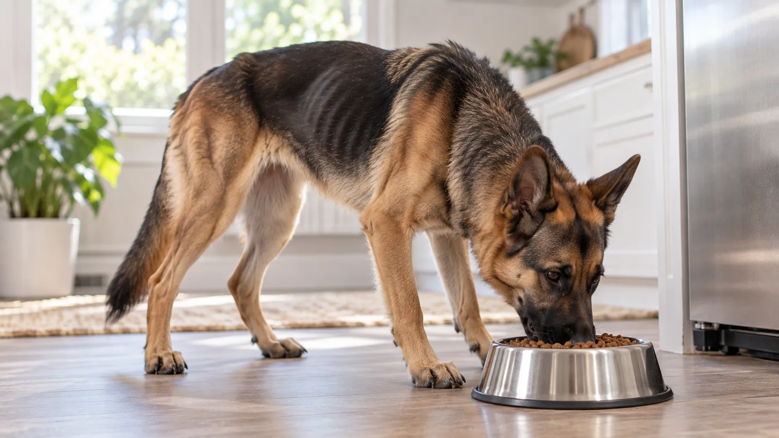 A very thin German Shepherd with visible ribs eating dry food from a stainless bowl in a kitchen.