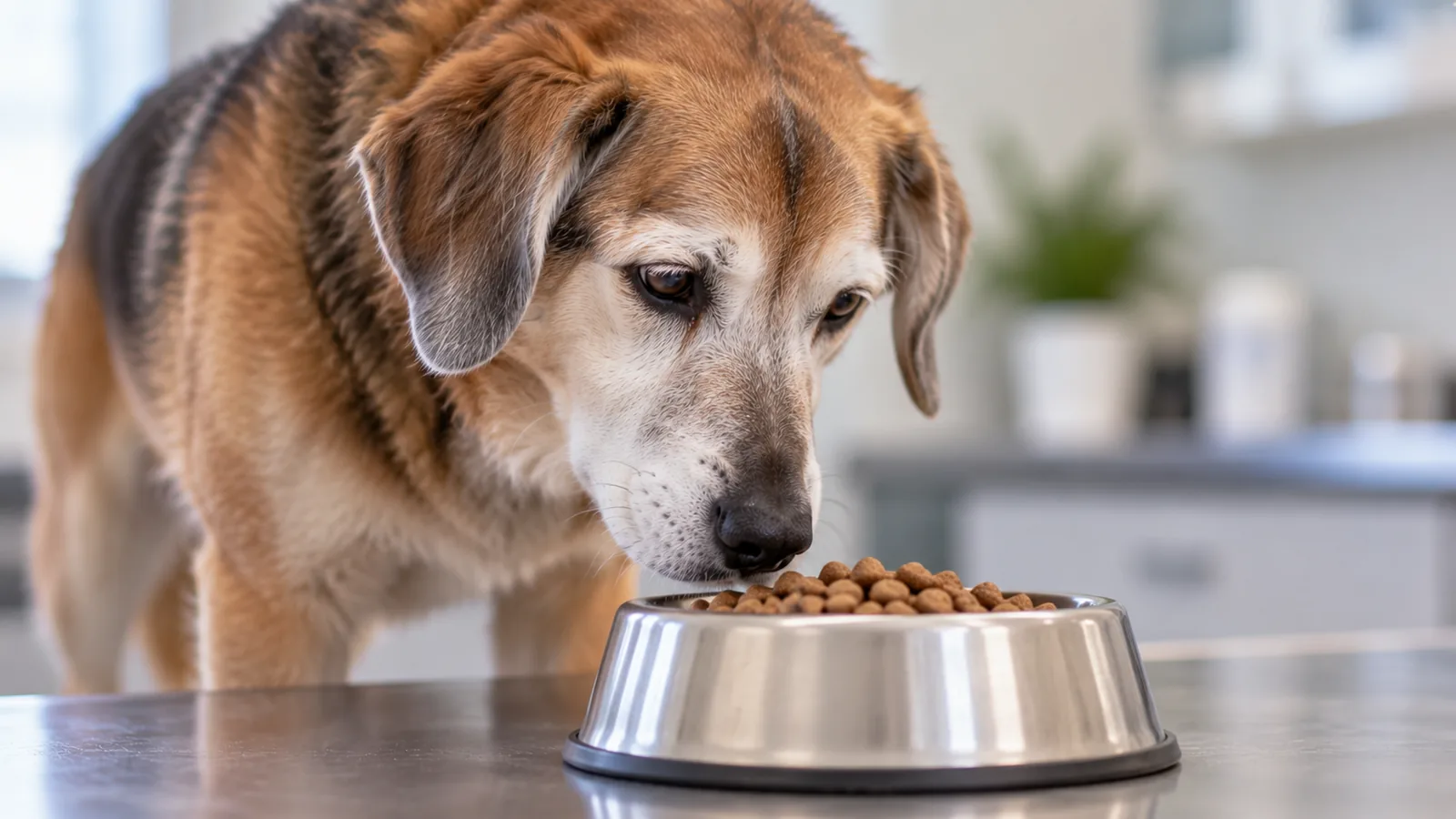 Grey-muzzled tan dog eating dry kibble from a stainless steel bowl on a kitchen counter.