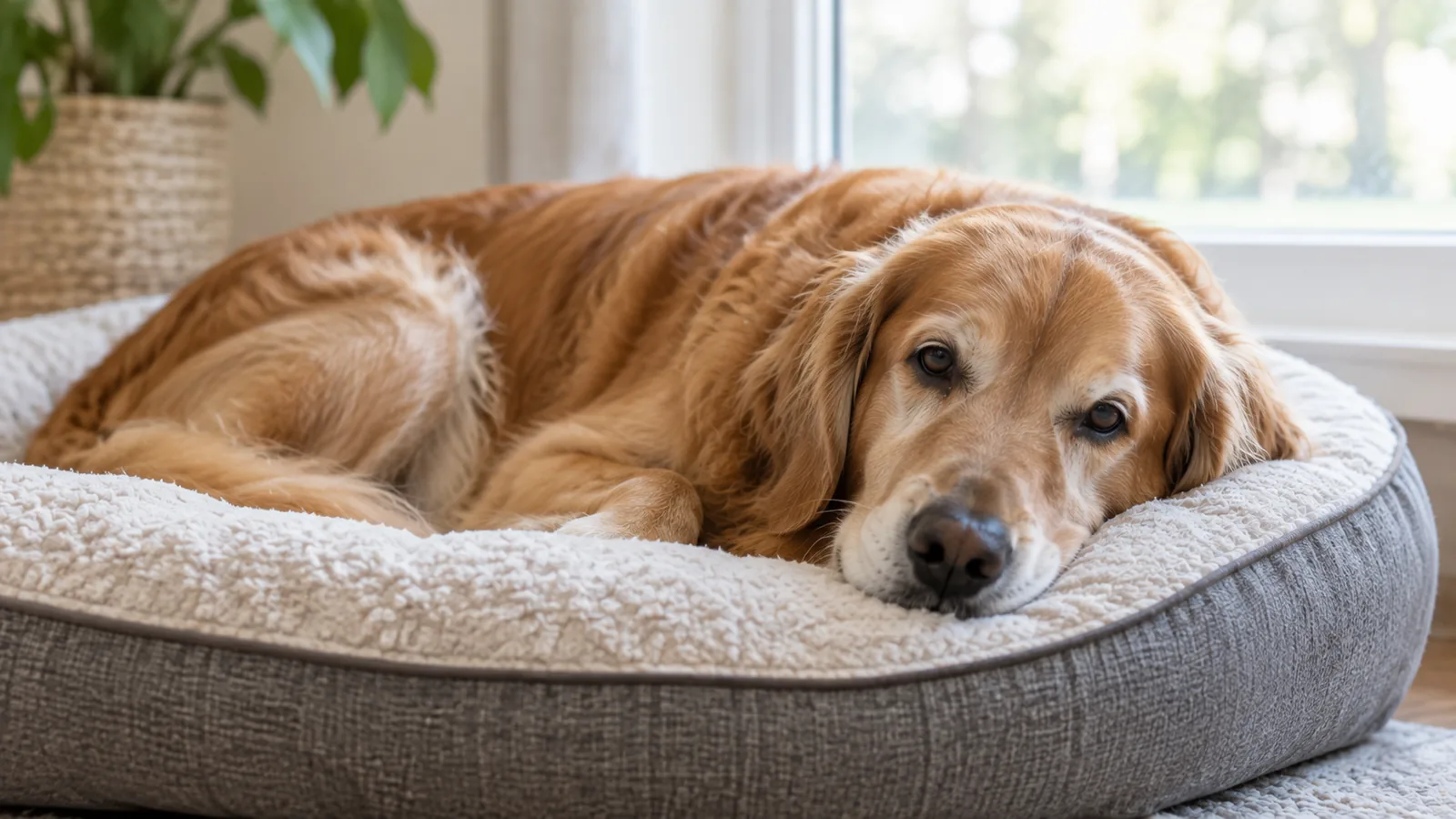 Senior Golden Retriever lying in a dog bed by a window.