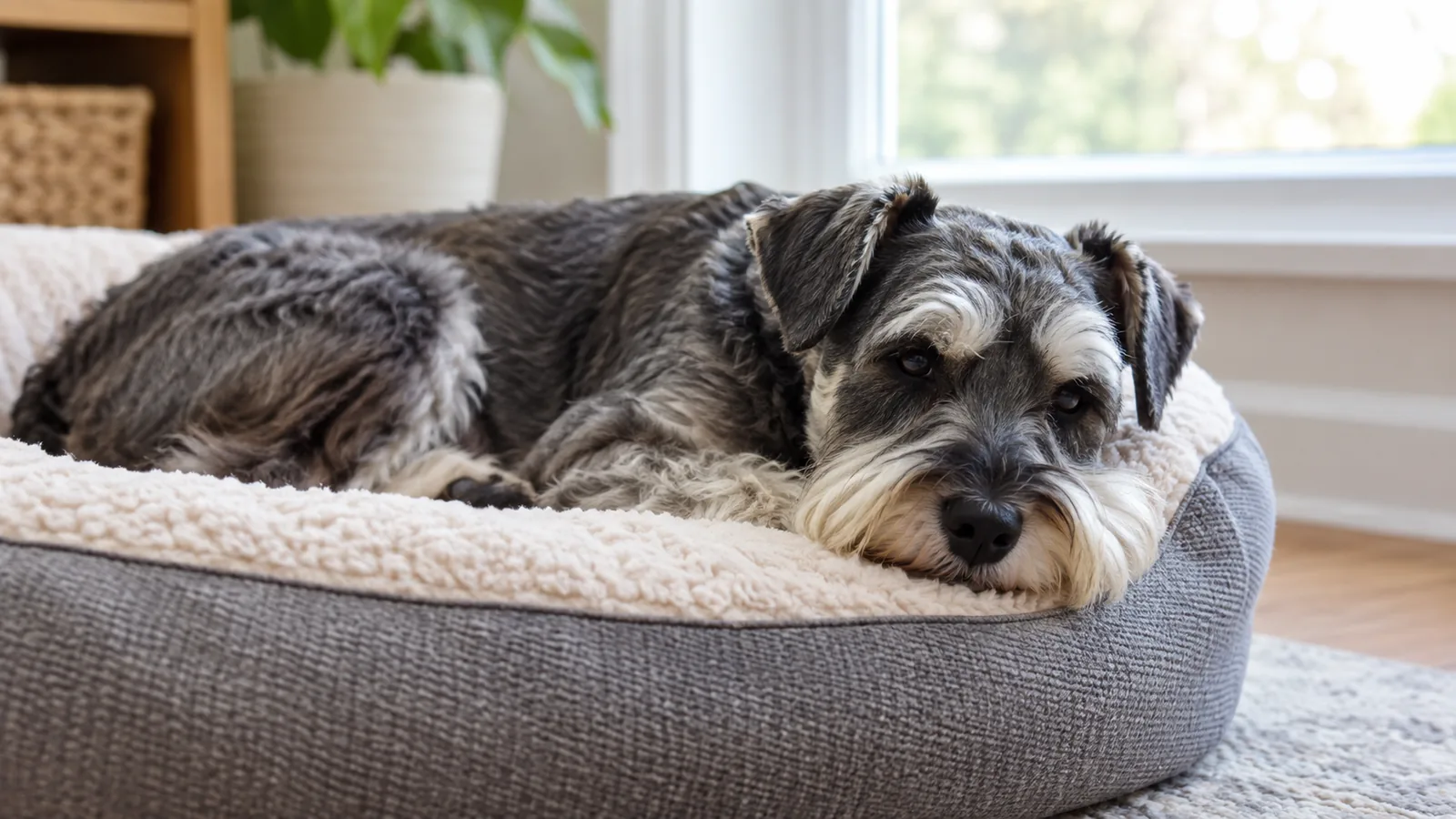 Grey Schnauzer resting quietly in a dog bed, looking unwell.
